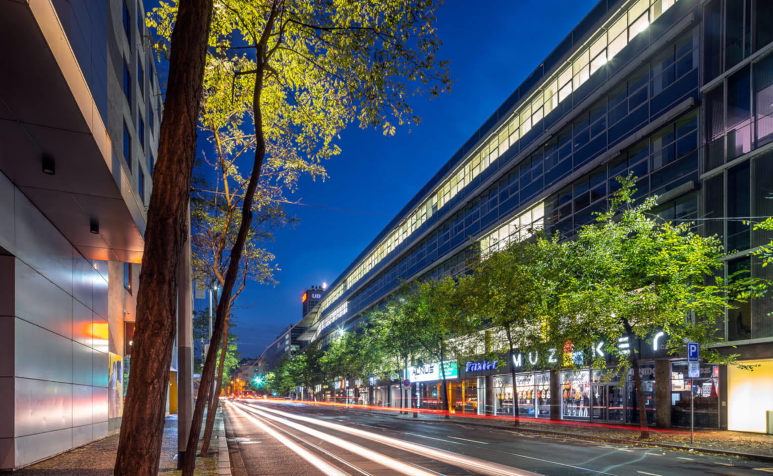 Andel park, office building night