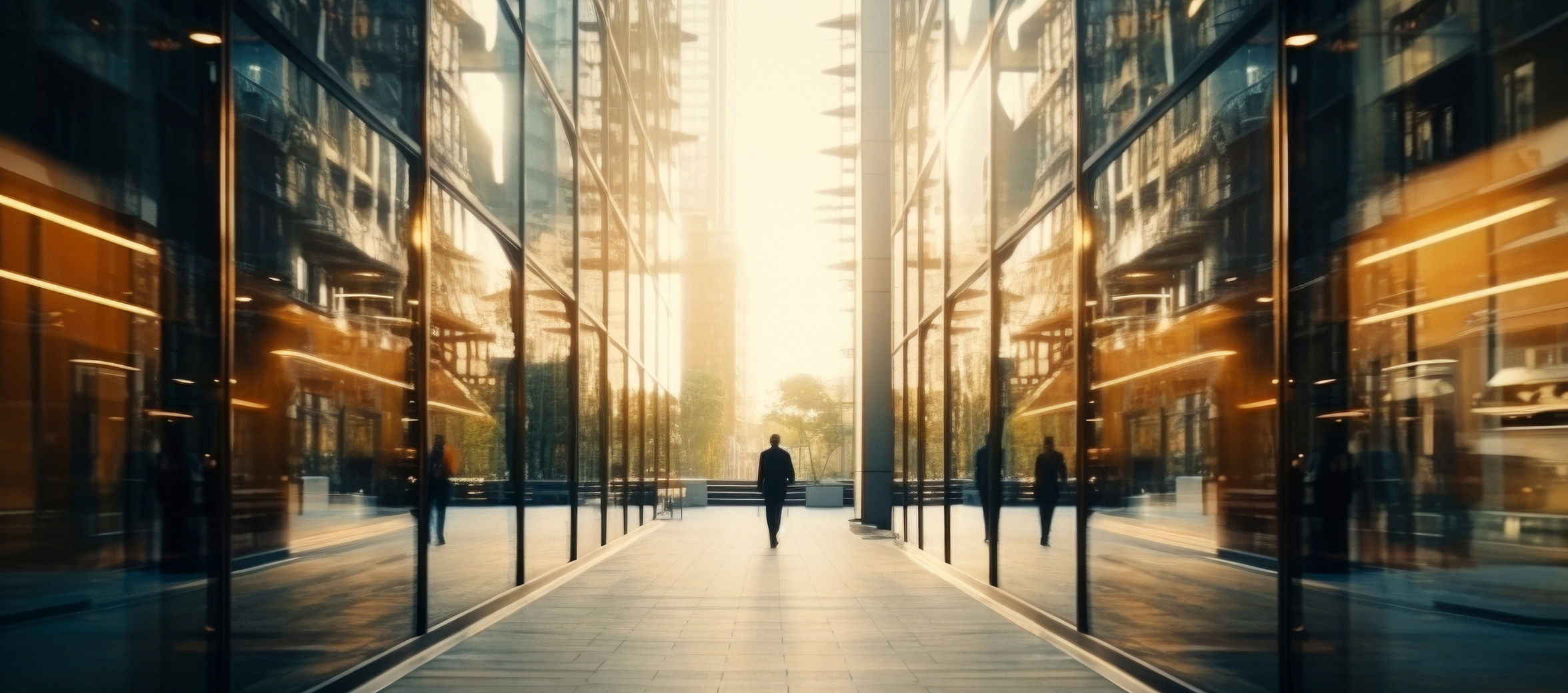 A man walking between buildings with glass facade 