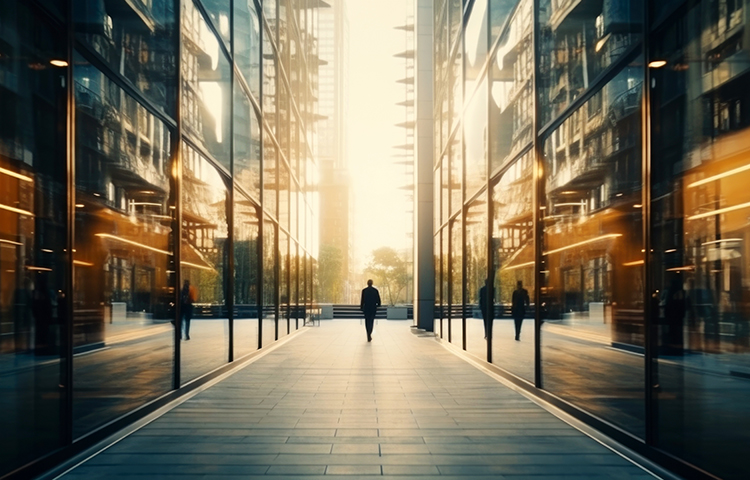 A man walking between buildings with glass facade 