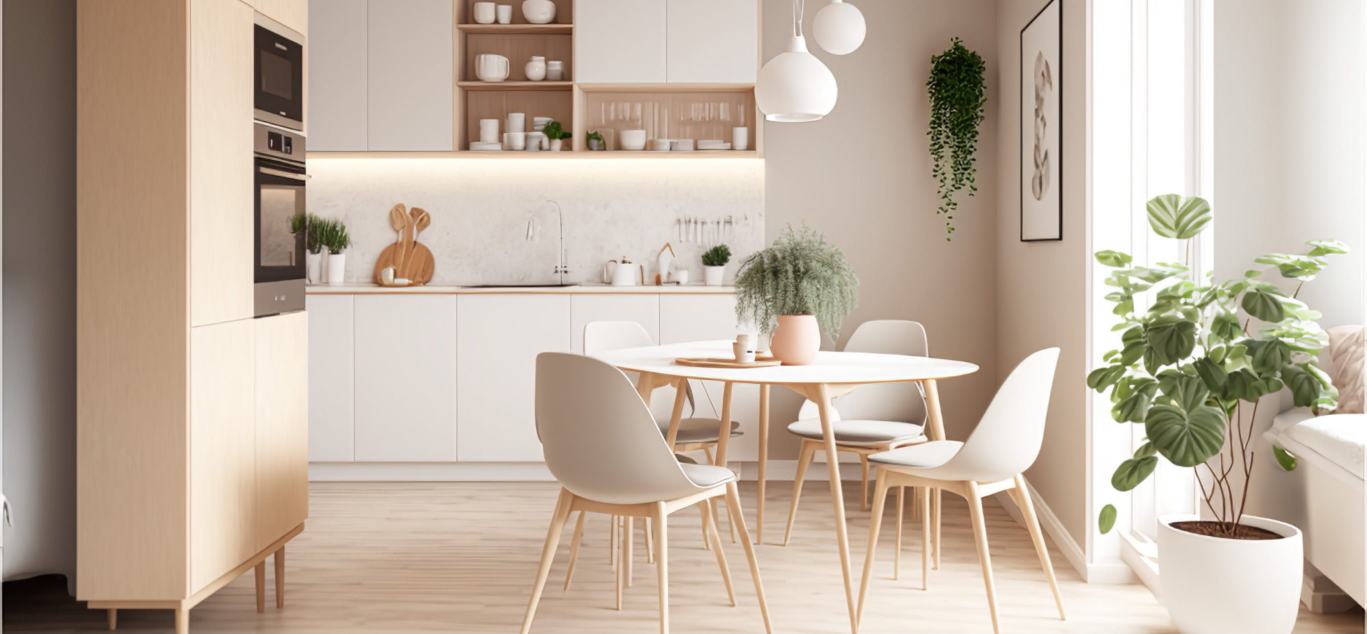 Kitchen with wooden floor and white furniture, modern