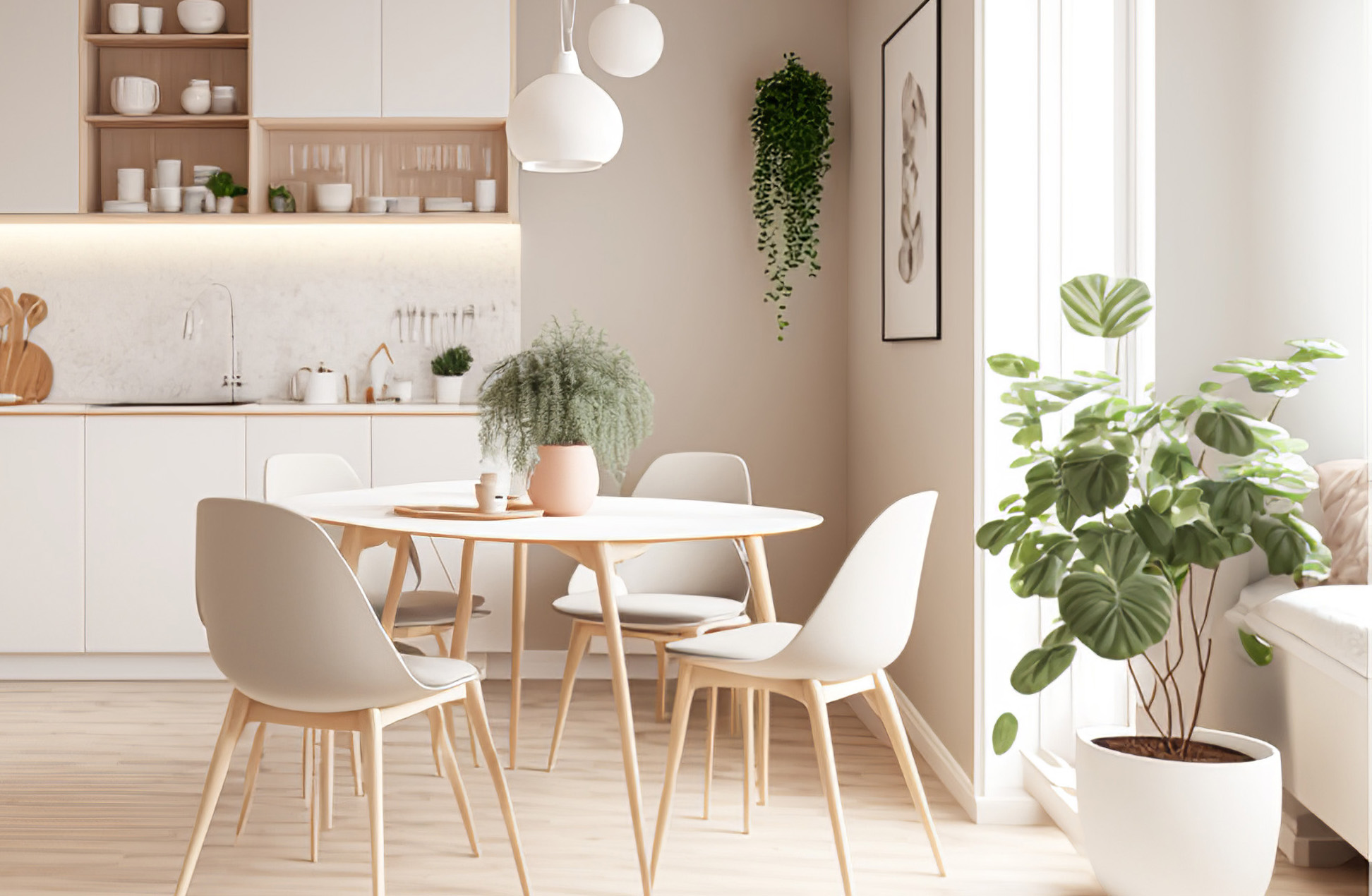 Kitchen with wooden floor and white furniture, modern