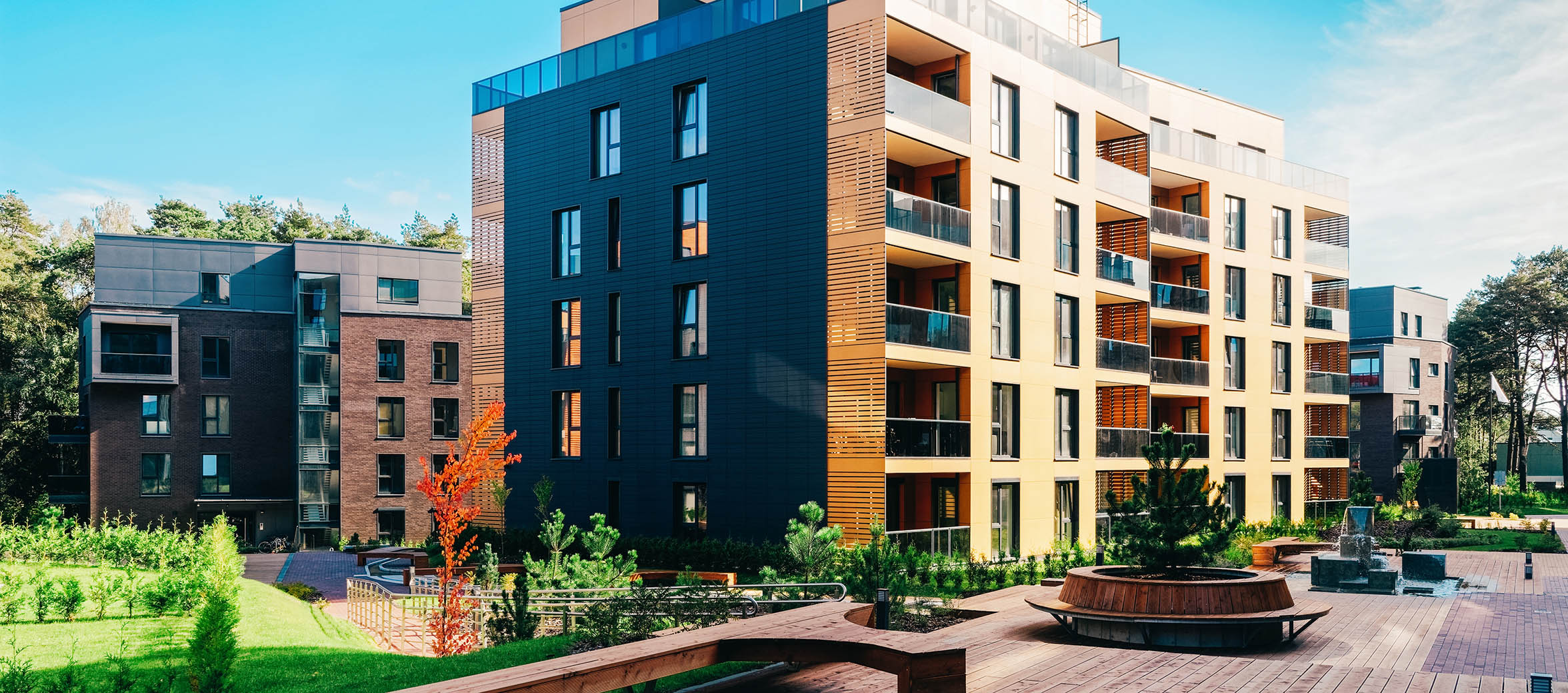 Architectural complex of apartment building with outdoor facilities