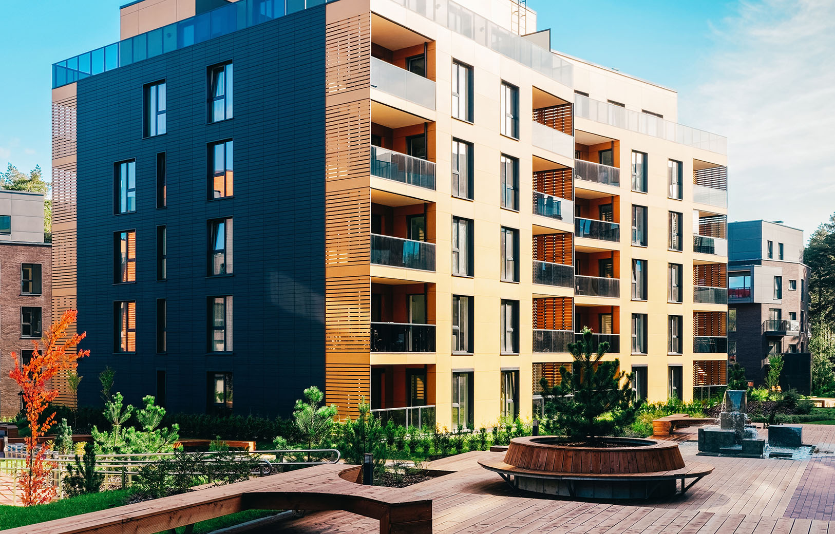 Architectural complex of apartment building with outdoor facilities