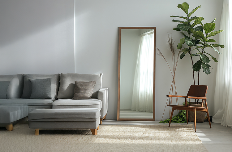Living room with sofa, mirror, wooden chair and plant