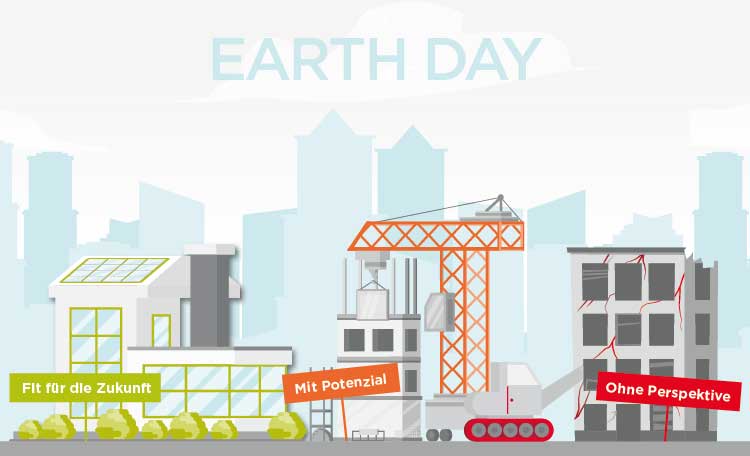 Illustration einer grünen Fabrik, einer Baustelle mit Kran und eines alten Gebäudes