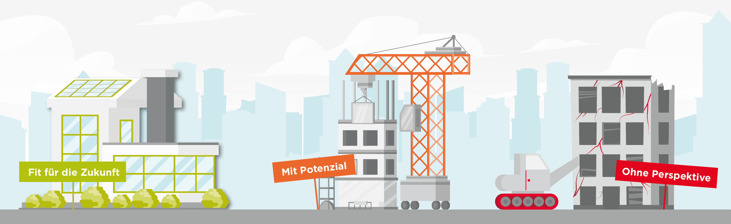 Illustration einer grünen Fabrik, einer Baustelle mit Kran und eines alten Gebäudes