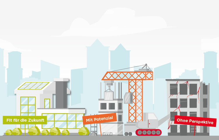 Illustration einer grünen Fabrik, einer Baustelle mit Kran und eines alten Gebäudes