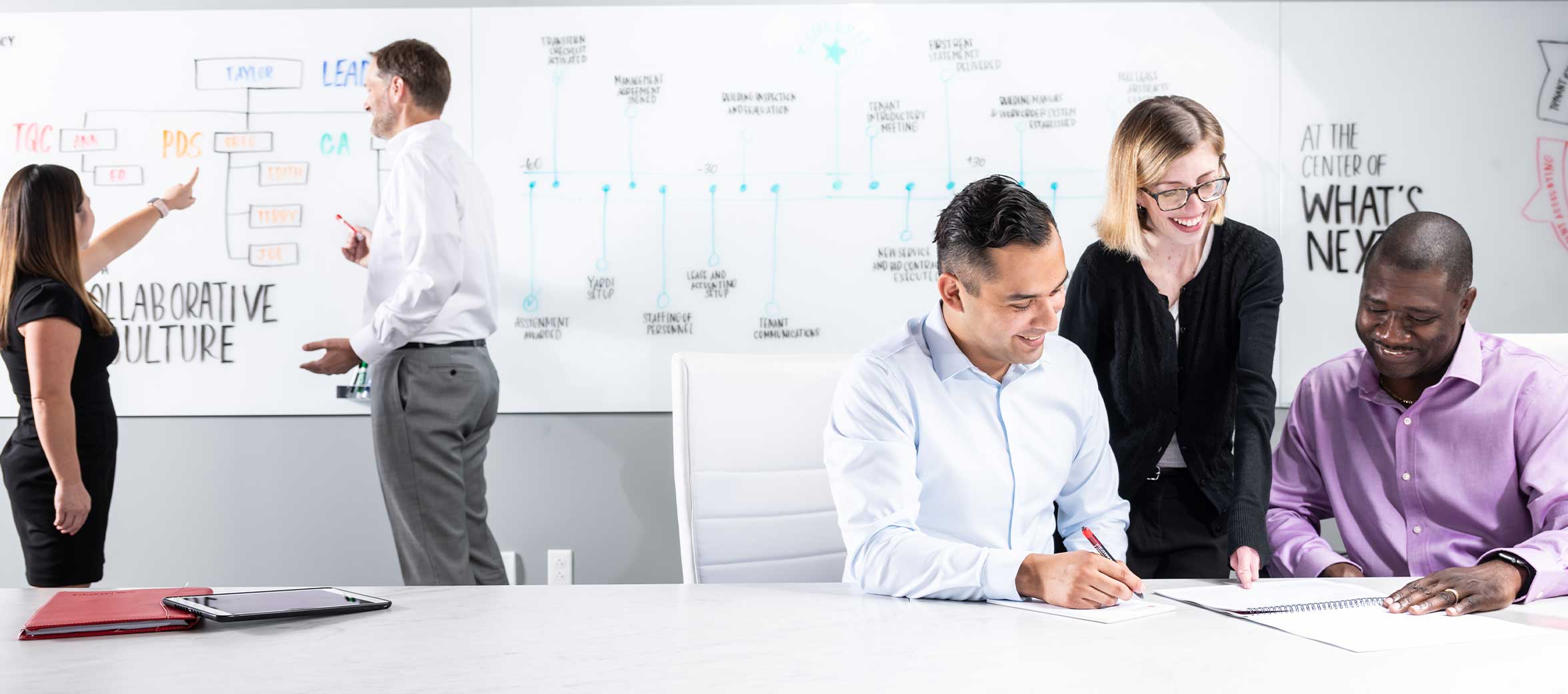 A group of diverse colleagues working together in the conference room