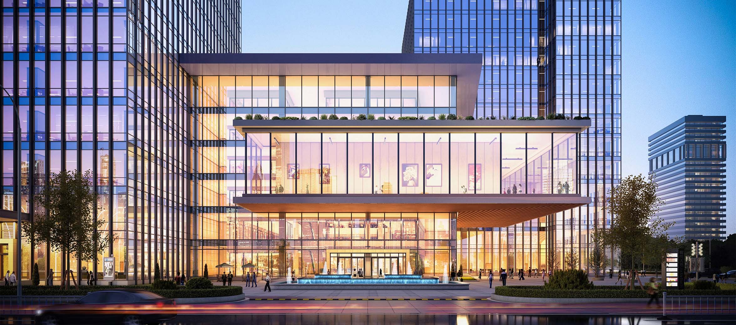 Illuminated modern building with glass facade