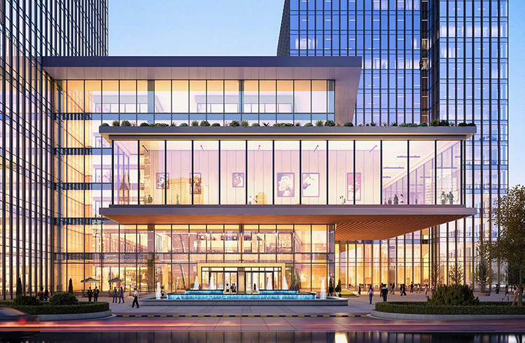Illuminated modern building with glass facade