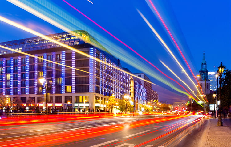 German city at night, lights