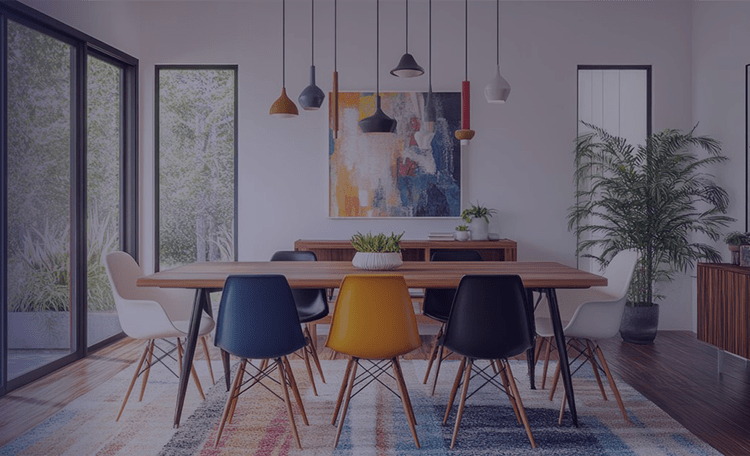 Modern dining room with colourful chiairs and hanging lights