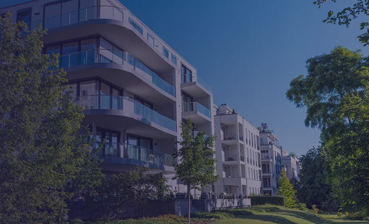 Residential buildings surrounded by trees