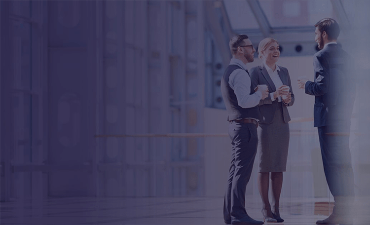 One business woman and two business man standing in an office corridor, talking 