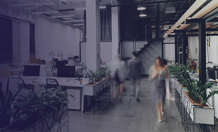 Modern open Office Space, plants, blurred people walking in the corridor