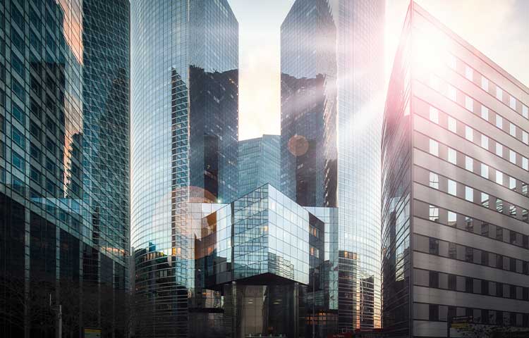 Skyscrapers with glass facade in sunshine