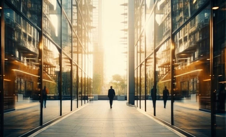person walking in office building