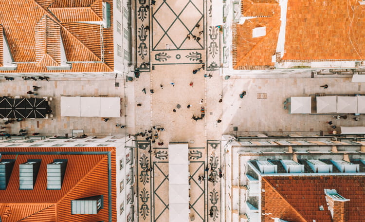 Lisbon aerial view onto retail street